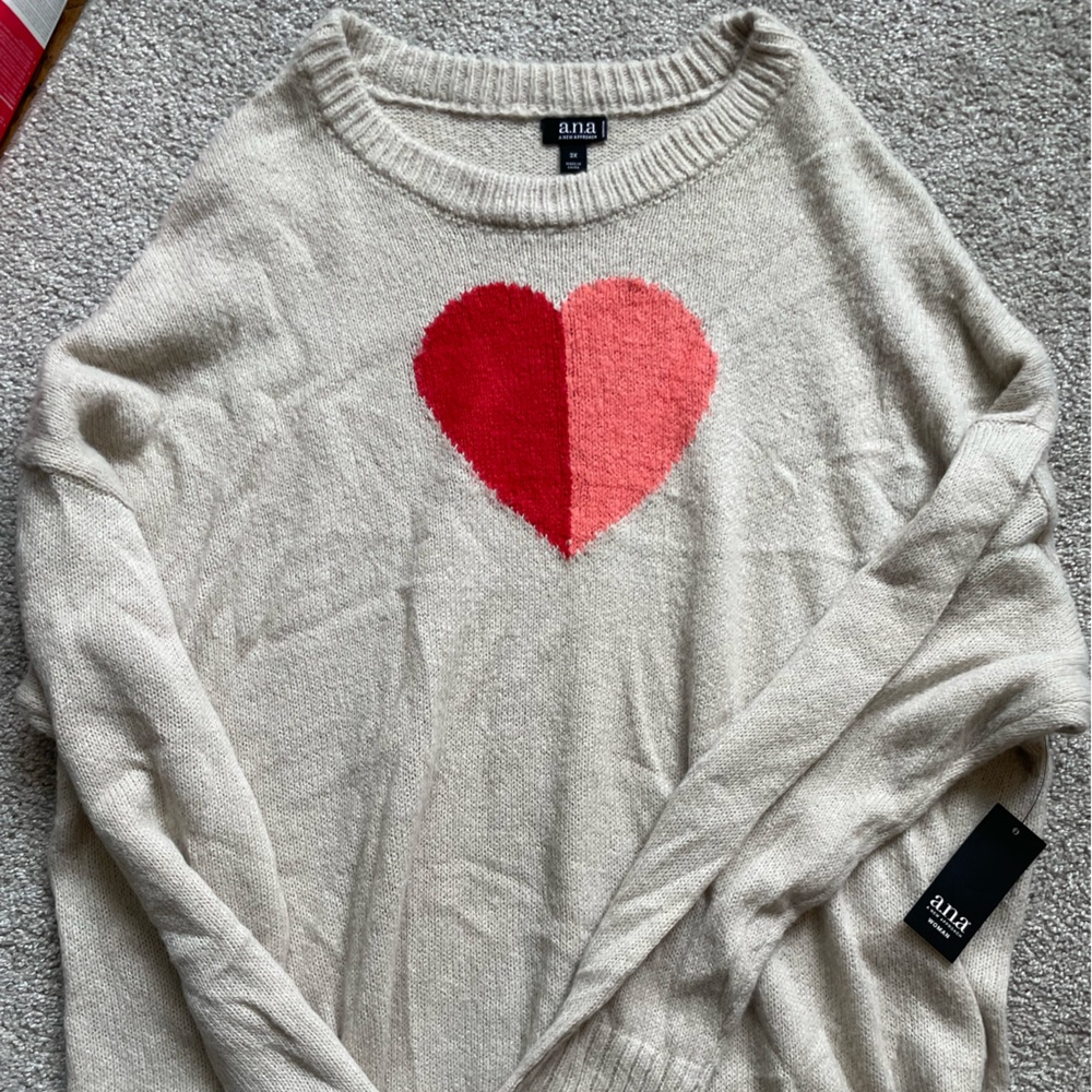 a.n.a Cream Crewneck Sweater with Red and Pink Heart
